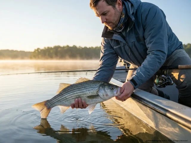 how-to-catch-wipers-hero Angler releasing a hybrid striped bass wiper at dawn on a reservoir