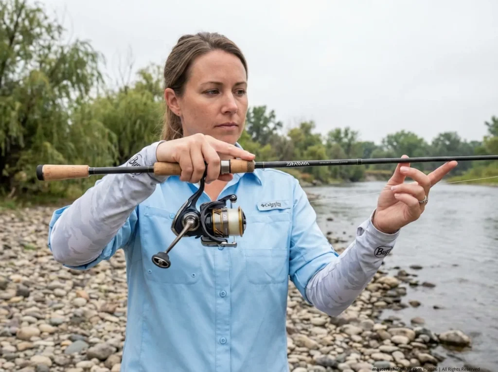 Female angler testing ultralight spinning combo balance on a riverbank before finesse fishing
