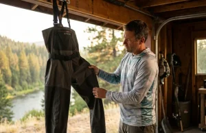Your Waders Are Rotting Because You Dry Them Wrong Angler turning Simms chest waders inside out to dry properly after a fly fishing session