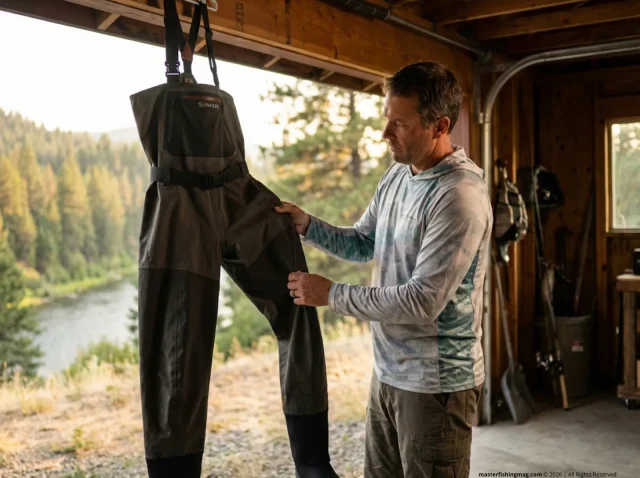 how-to-dry-fishing-waders-properly-hero Angler turning Simms chest waders inside out to dry properly after a fly fishing session