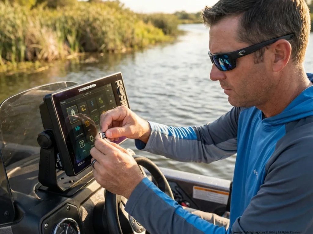 Angler inserting microSD card into Humminbird SOLIX fish finder to backup GPS waypoints on river