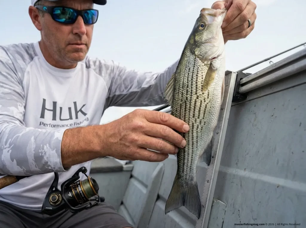 Angler examining hybrid striped bass broken lateral stripe pattern for field identification
