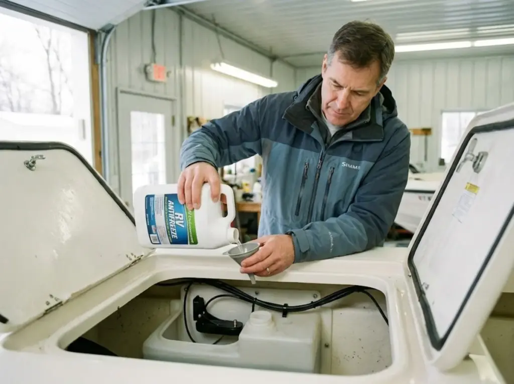 Angler winterizing in-hull transducer with propylene glycol antifreeze in storage shed