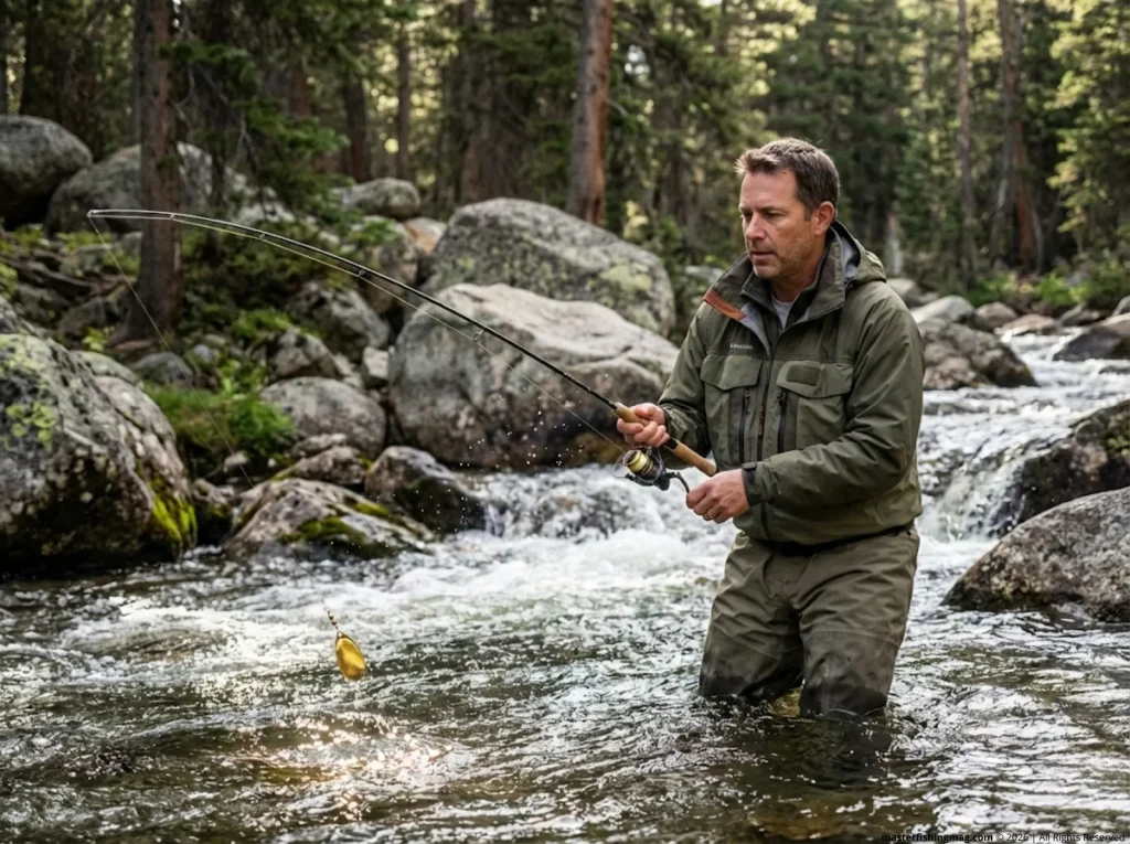 Angler retrieving Mepps inline spinner on mountain stream — ball bearing swivel for line twist prevention