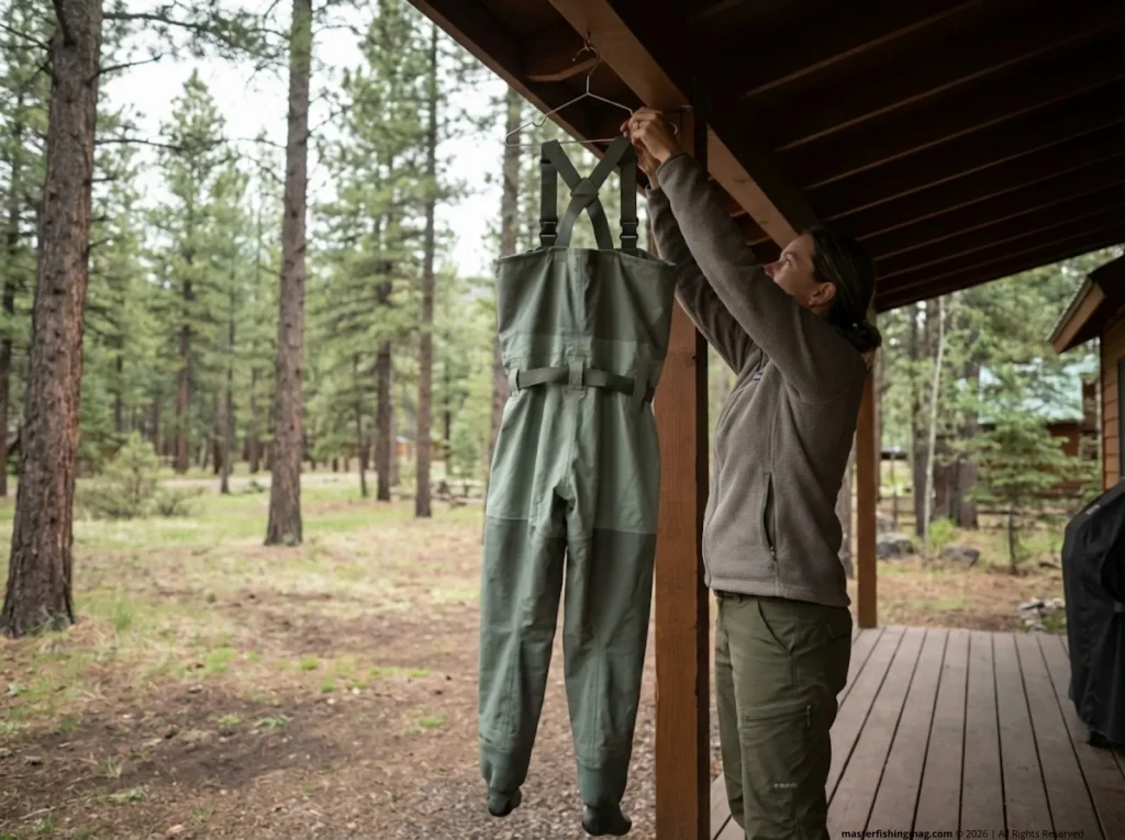 Female angler hanging Orvis Pro chest waders inside out on a shaded porch for proper phased drying