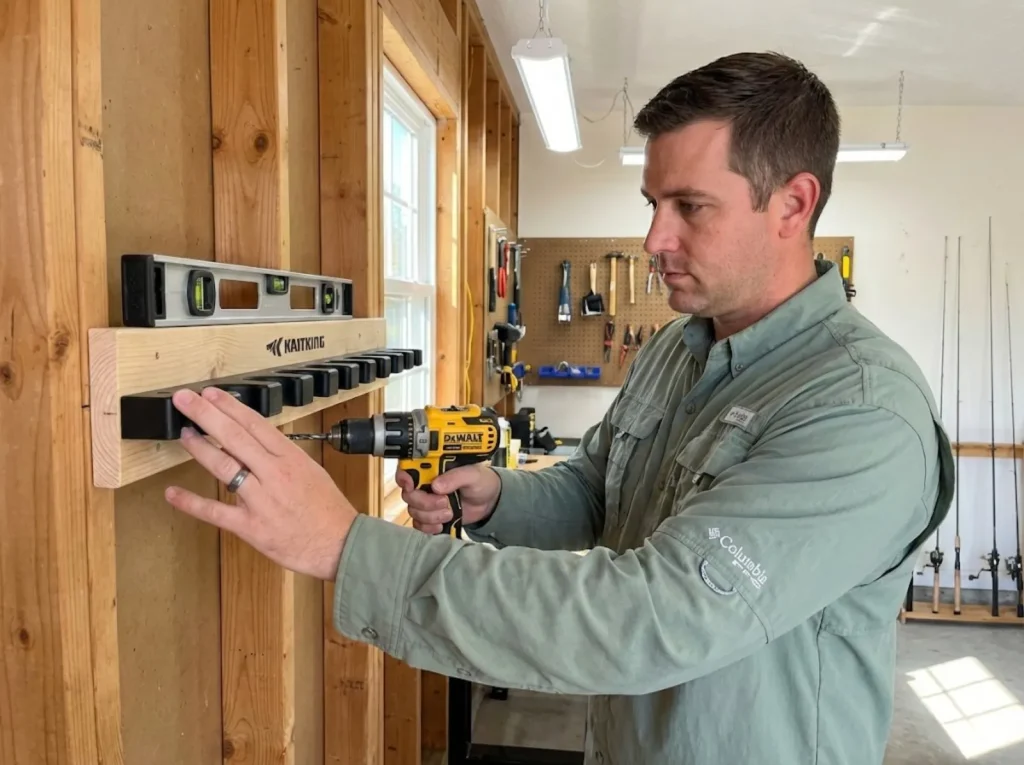 Angler installing KastKing V15 vertical rod rack in garage wall studs 