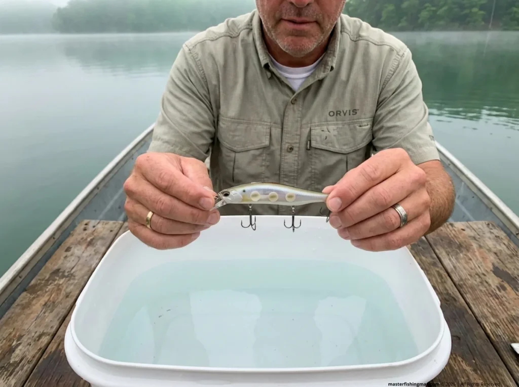 Angler testing neutral buoyancy of a tuned Duo Realis jerkbait with SuspendDots in a water container on a boat deck