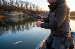 Your Jerkbait Cadence Is Off. Here’s How to Fix It Angler executing a jerkbait cadence snap with slack-line technique on a clear winter reservoir at sunrise