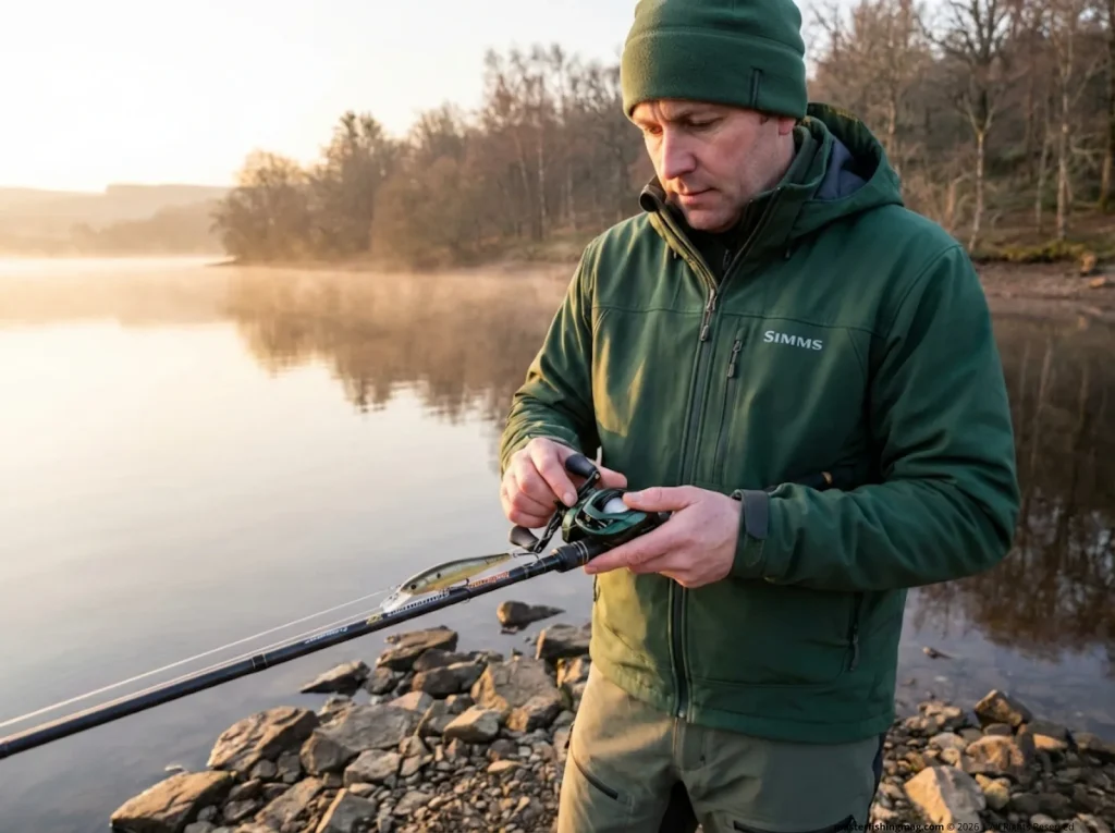 Angler checking Shimano Curado reel with Sunline fluorocarbon before jerkbait cadence session on highland reservoir