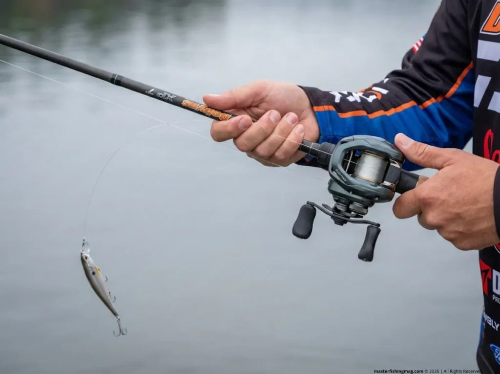 Close-up of angler's wrist snap with visible fluorocarbon slack loop during jerkbait retrieve on calm reservoir 