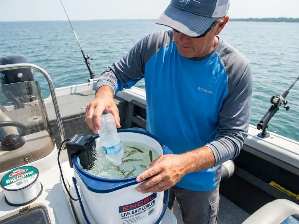 Angler adding a frozen water bottle to an insulated aerated bait bucket full of live minnows