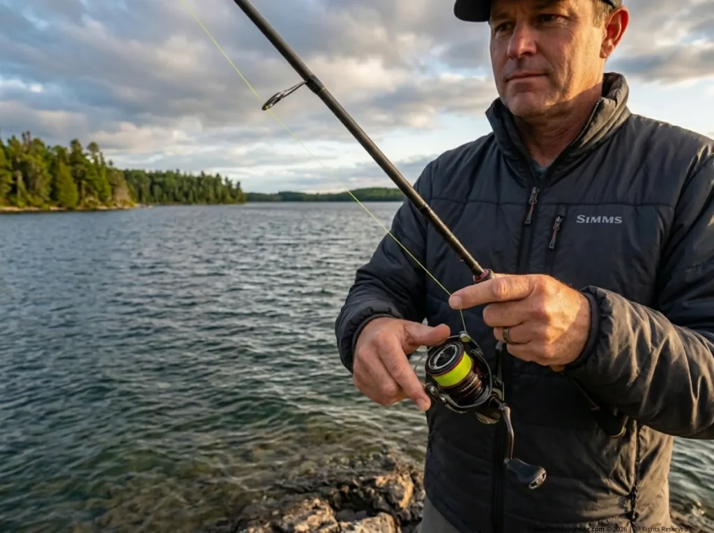 Angler using wind-bow line technique with finger on line for advanced bite detection