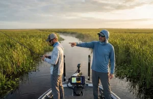 Fishing Lake Okeechobee With a Guide? Read This First Fishing guide and angler on a bass boat navigating a narrow channel on Lake Okeechobee at dawn