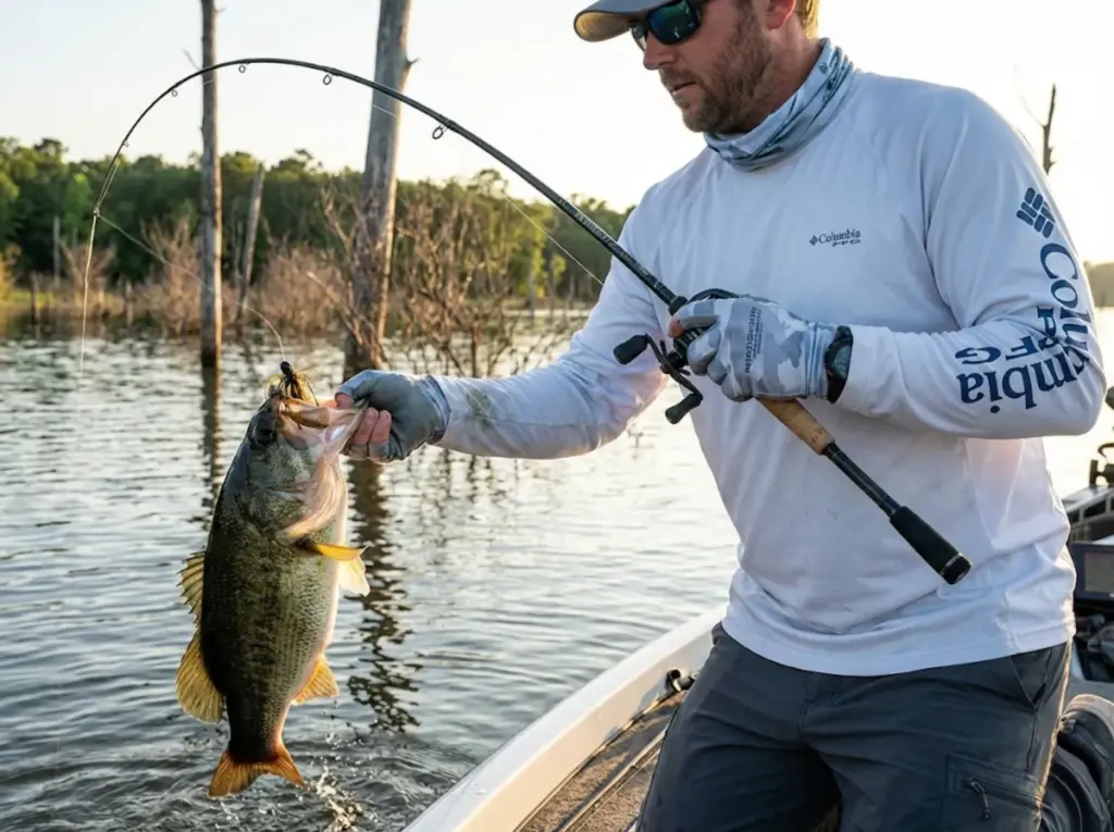 Largemouth bass caught on tungsten football jig being landed with rod bent under load