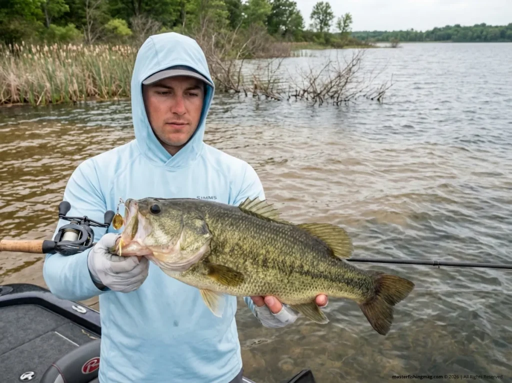 Angler holding largemouth bass caught on wind-blown shoreline mud line with spinnerbait