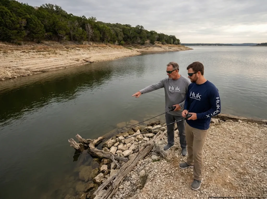 Two anglers scouting exposed riprap and timber structure along a below-pool Texas reservoir shoreline