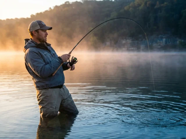 light-line-finesse-bass-fight-dawn Angler fighting bass on light line finesse spinning tackle at dawn on a clear reservoir