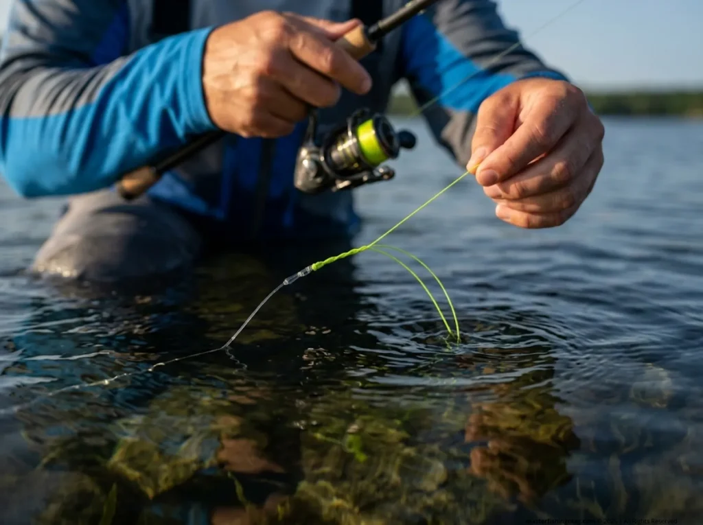 Chartreuse braid line jumping at water surface showing bass bite on the fall