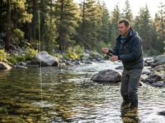 See the Bite Before You Feel It in Clear Water Angler watching chartreuse braid line enter gin-clear river water for bite detection
