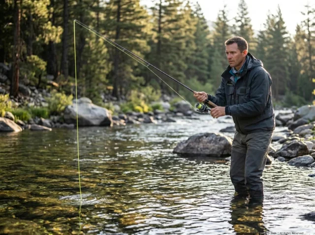 line-watching-bite-detection-clear-water-hero Angler watching chartreuse braid line enter gin-clear river water for bite detection