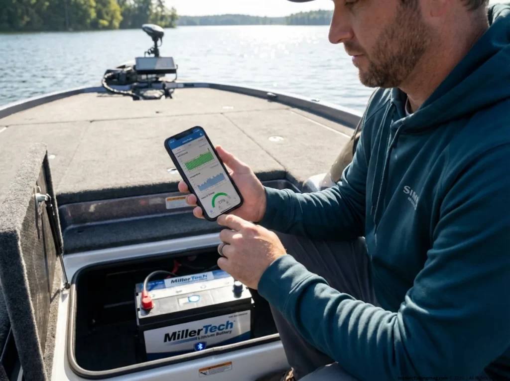 Angler monitoring MillerTech lithium battery BMS data via Bluetooth app for real-time cell balance and state of charge