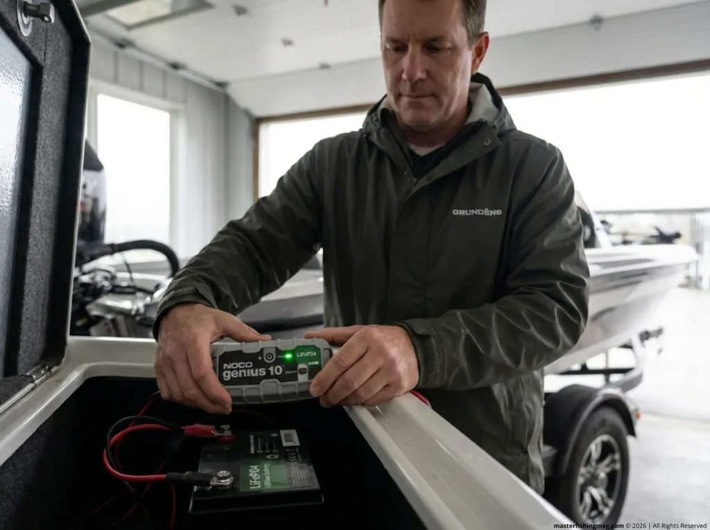Angler connecting NOCO Genius charger with LiFePO4 mode to lithium trolling motor battery