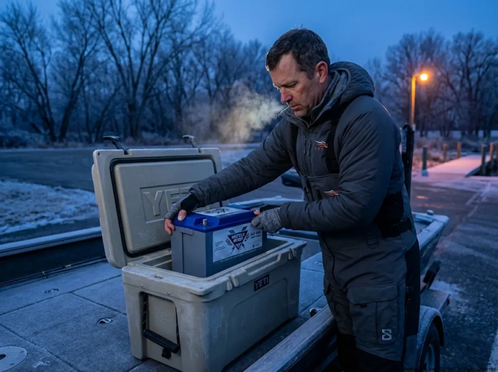 Angler storing Battle Born lithium battery in insulated cooler to prevent cold weather damage before winter fishing