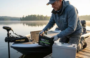 Trolling Motor Battery Showdown — Lithium Wins, But Angler comparing lithium vs lead acid trolling motor battery weight at boat dock