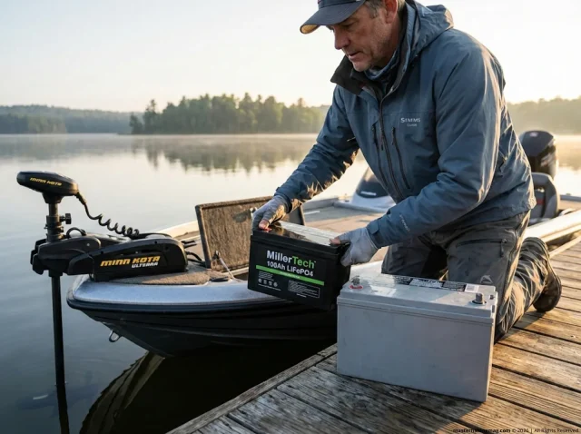 lithium-vs-lead-acid-trolling-motor-battery-hero Angler comparing lithium vs lead acid trolling motor battery weight at boat dock