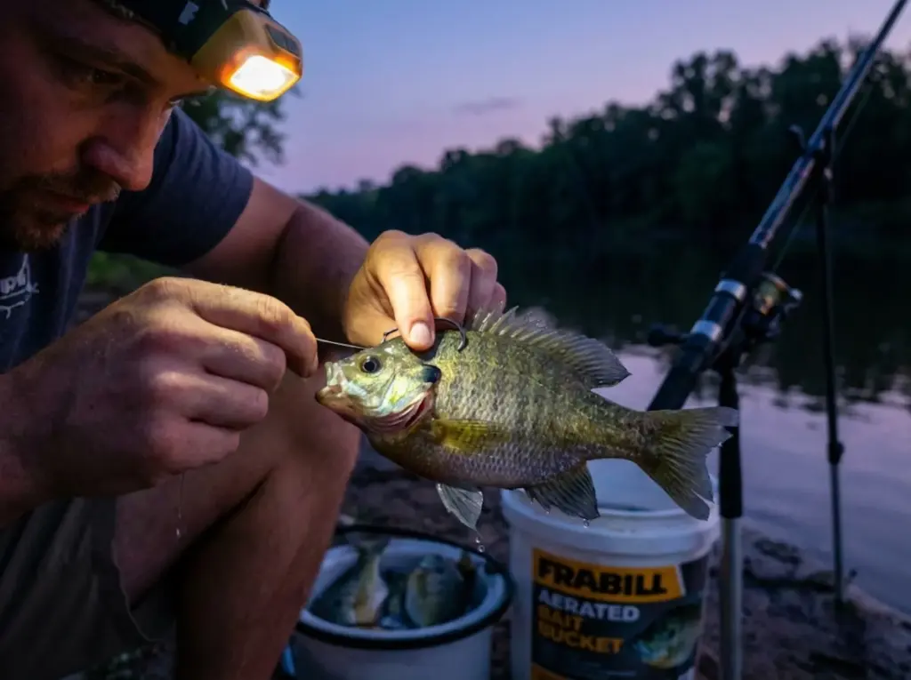 Angler hooking a live bluegill through the back with a circle hook at twilight near a Frabill aerated bait bucket 