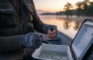 Stop Killing Your Minnows—Rig Them Like a Guide Does Fishing guide lip-hooking a live minnow on an Aberdeen hook over an aerated bait bucket at dawn