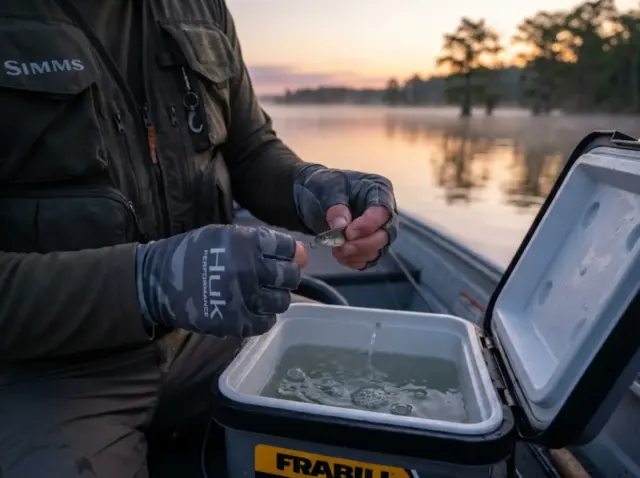 live-minnow-rigging-guide-hook-placement Fishing guide lip-hooking a live minnow on an Aberdeen hook over an aerated bait bucket at dawn