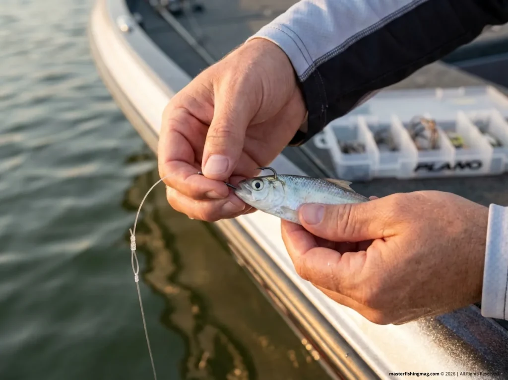 Angler nose-hooking a live threadfin shad on a circle hook for hybrid striped bass rigging