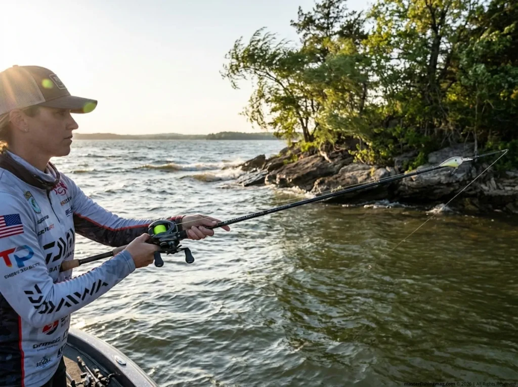 Female angler executing low-trajectory sidearm cast with crankbait into wind-blown rocky point   