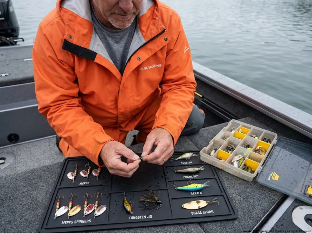 Angler organizing lures by rigging type on boat deck — snap swivel vs direct tie lure matrix  