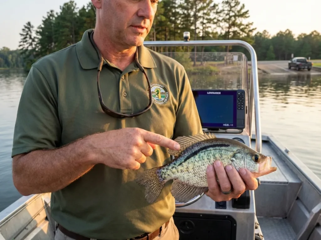 Fisheries biologist holding a Magnolia crappie hybrid showing signature black stripe on Mississippi state lake
