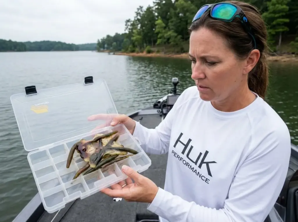 Angler examining melted soft plastic lures fused together in tackle tray