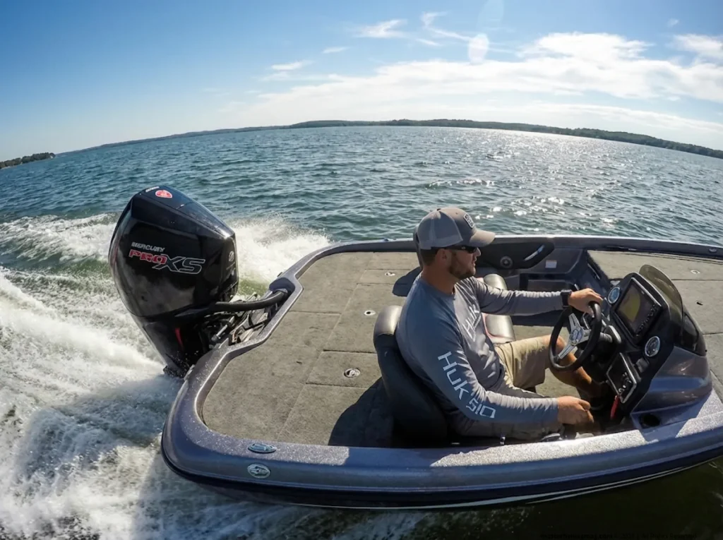 Angler running a bass boat between structure points on a wide-open reservoir