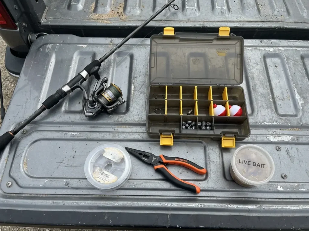 The minimal beginner fishing kit laid out on a tailgate, about seven items not seventy
