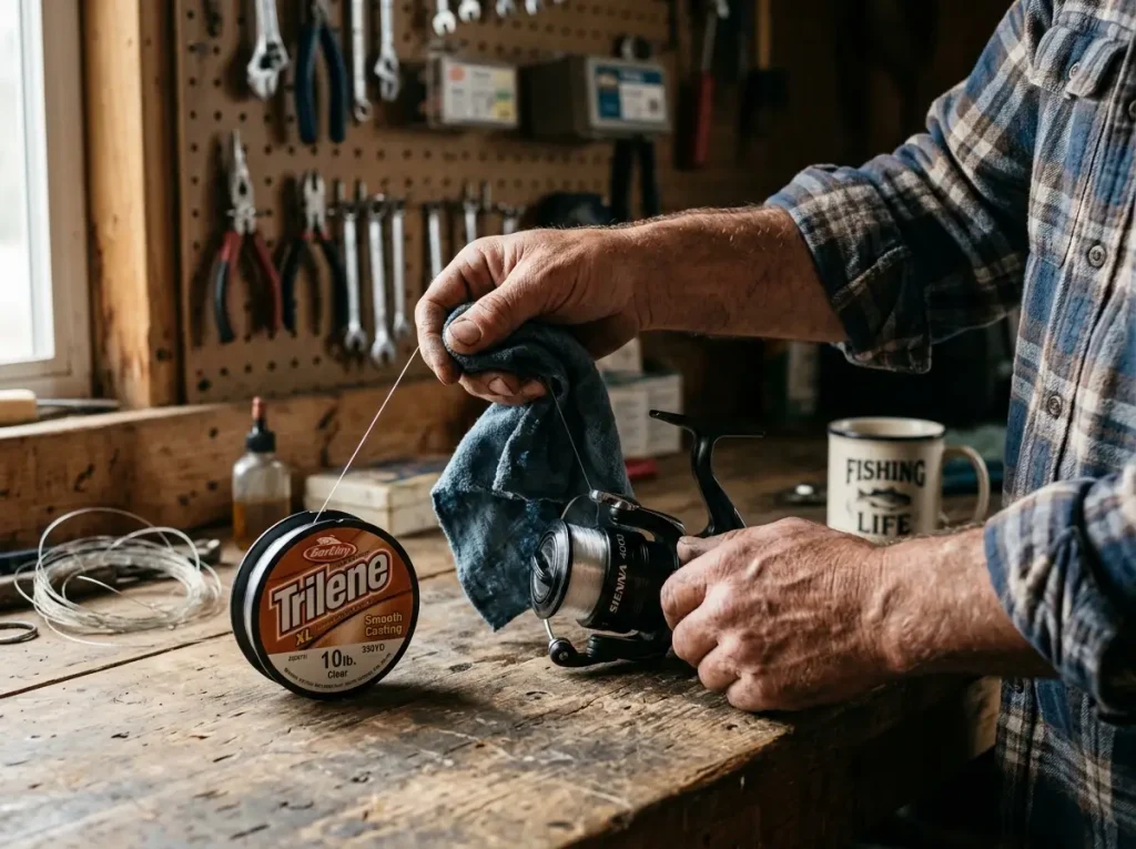Spooling clear monofilament fishing line onto a spinning reel during a yearly line change