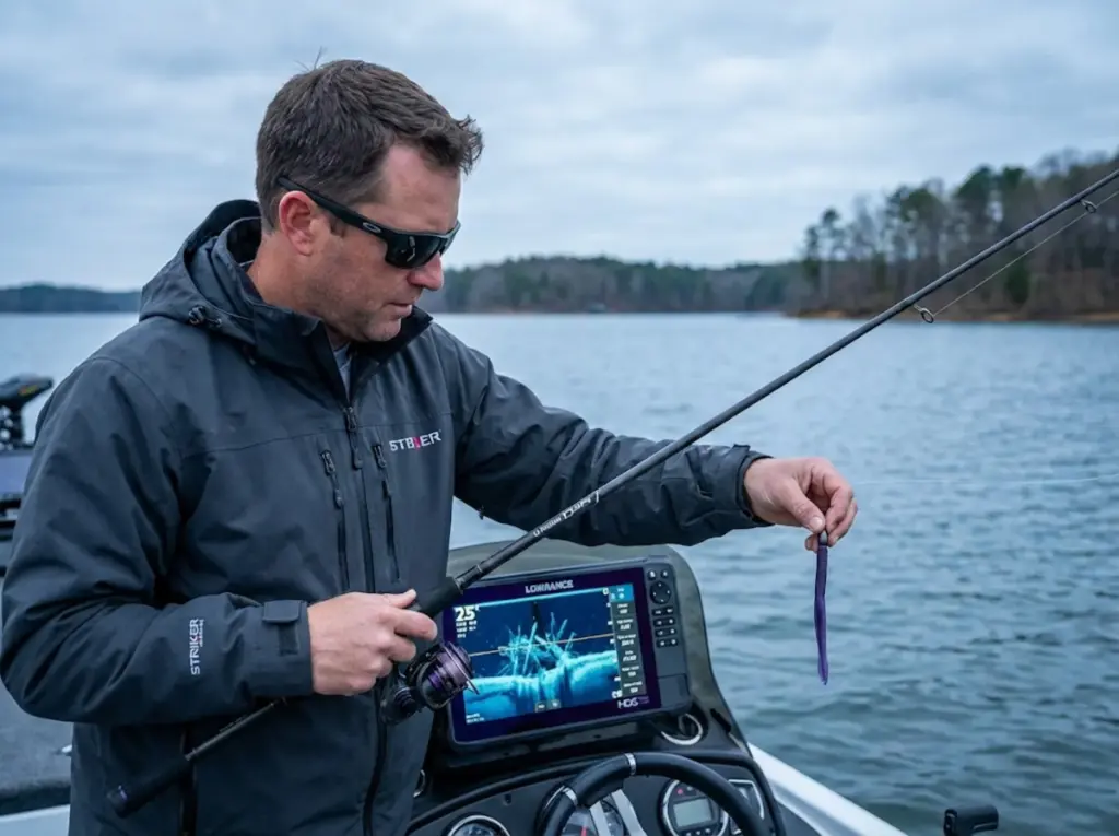 Angler fishing Neko rig wacky variation over deep structure using electronics
