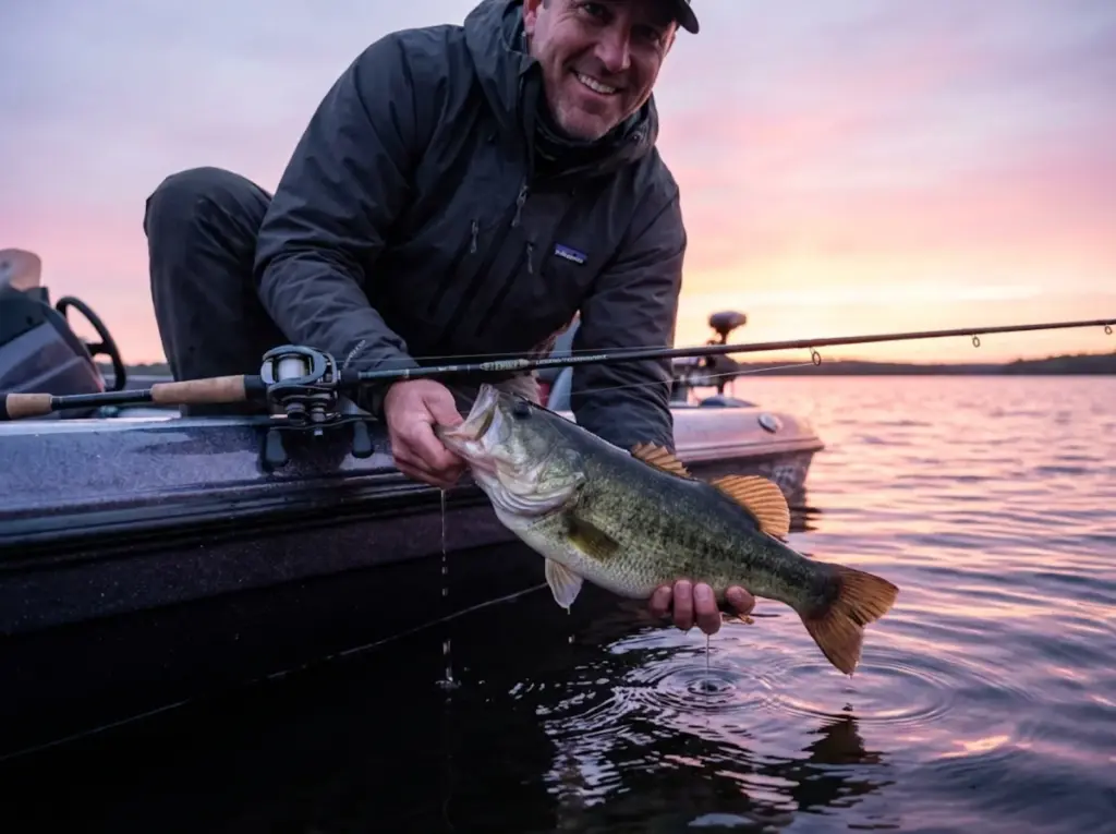 Angler releasing largemouth bass at dawn during productive new moon fishing session