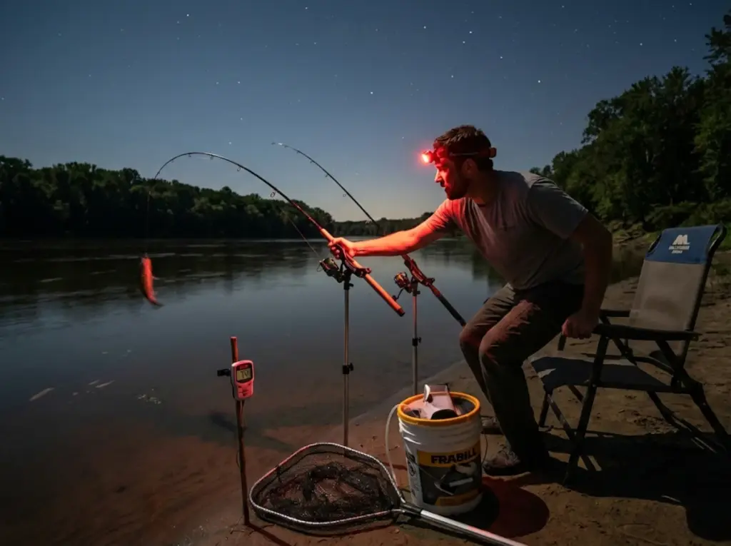 Angler reaching for a loaded rod at night on a riverbank with water thermometer showing 74°F and bait bucket nearby