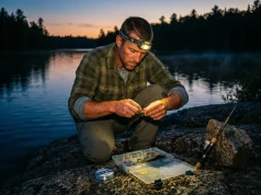 Night Fishing Headlamps That Won’t Spook the Bite Angler in a headlamp rigging tackle at dusk on a rocky bank before night fishing