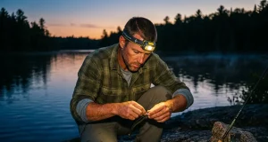 Night Fishing Headlamps That Won’t Spook the Bite Angler in a headlamp rigging tackle at dusk on a rocky bank before night fishing