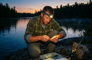 Night Fishing Headlamps That Won’t Spook the Bite Angler in a headlamp rigging tackle at dusk on a rocky bank before night fishing