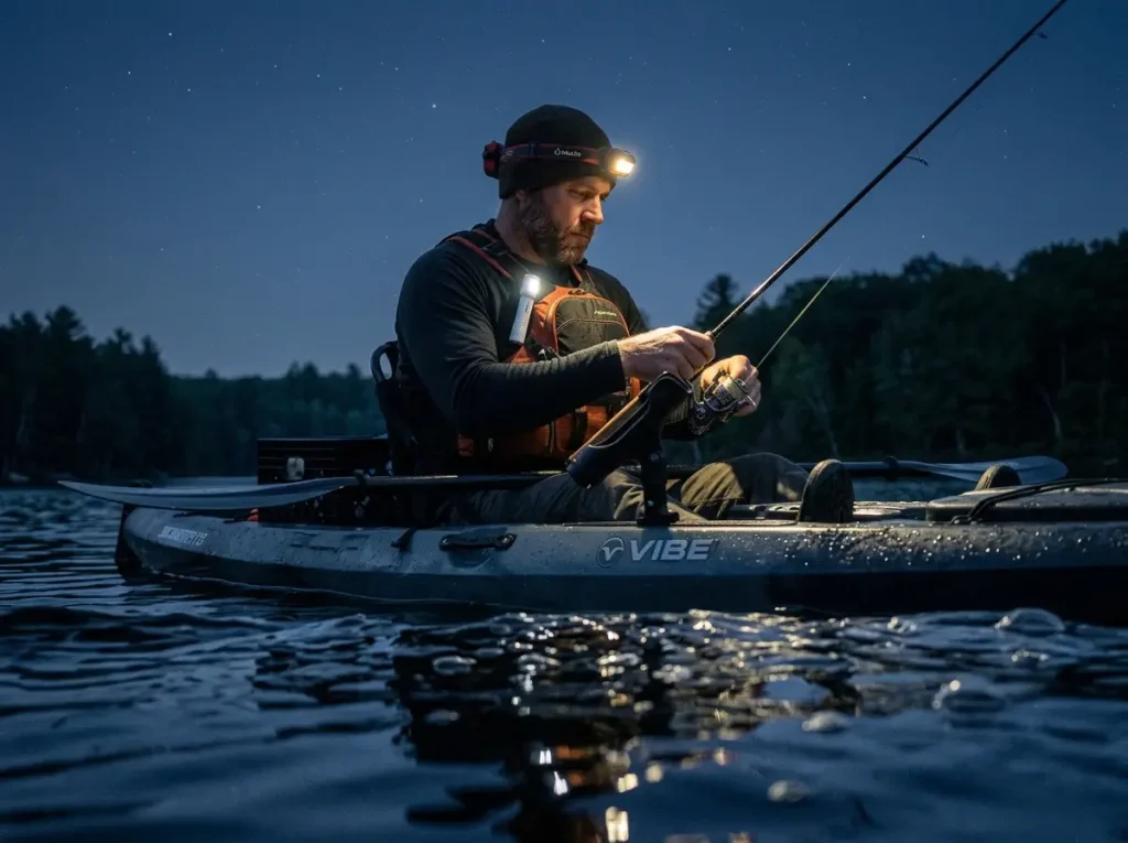 Kayak angler at night wearing a headlamp with a spare handheld light ready for safety