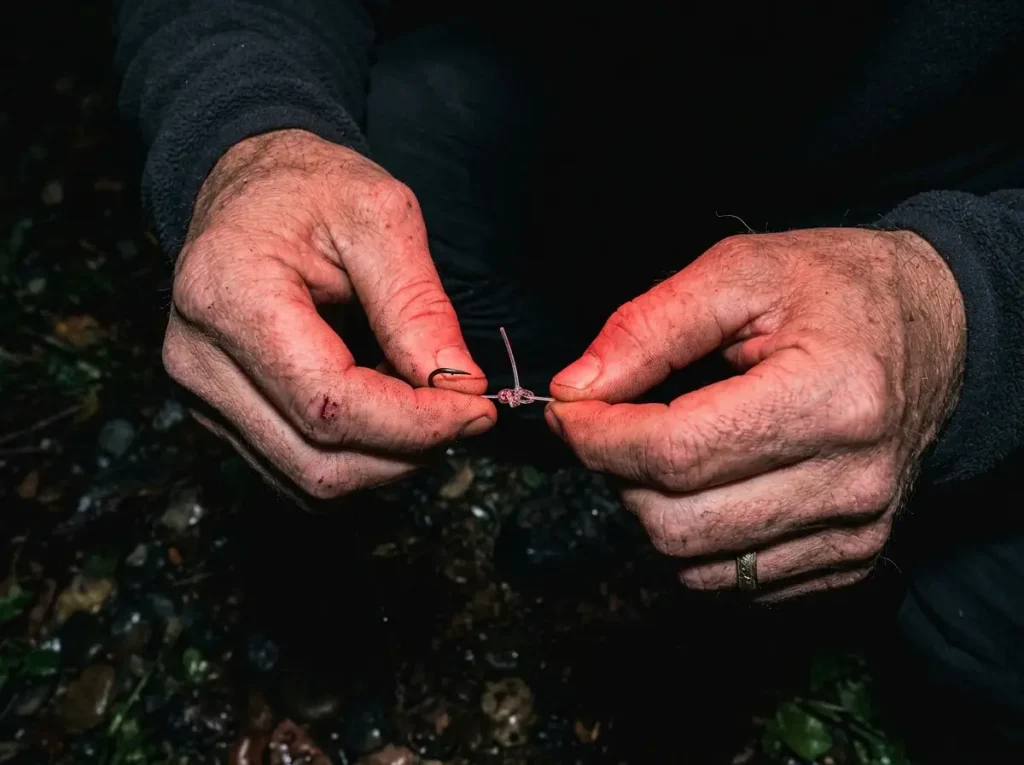Red headlamp light on an angler's hands tying a fishing knot in full dark
