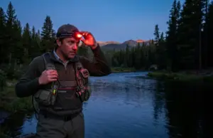Best Headlamps for Night Fishing (Tested 6+ Months) Angler adjusting red light headlamp at dusk before night fishing on mountain river