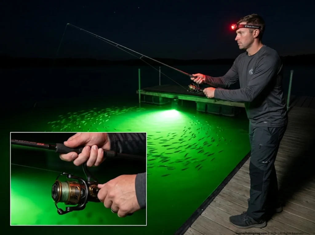 Night fishing for white bass under green dock light with shad visible circling   